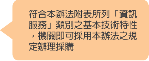 符合本辦法附表所列的資訊服務類別之基本技術特性,機關即可採用本辦法之規定辦理採購